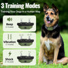 A brown and black dog is sitting in grass next to three training modes for a remote control dog training collar: Beep, Vibrat