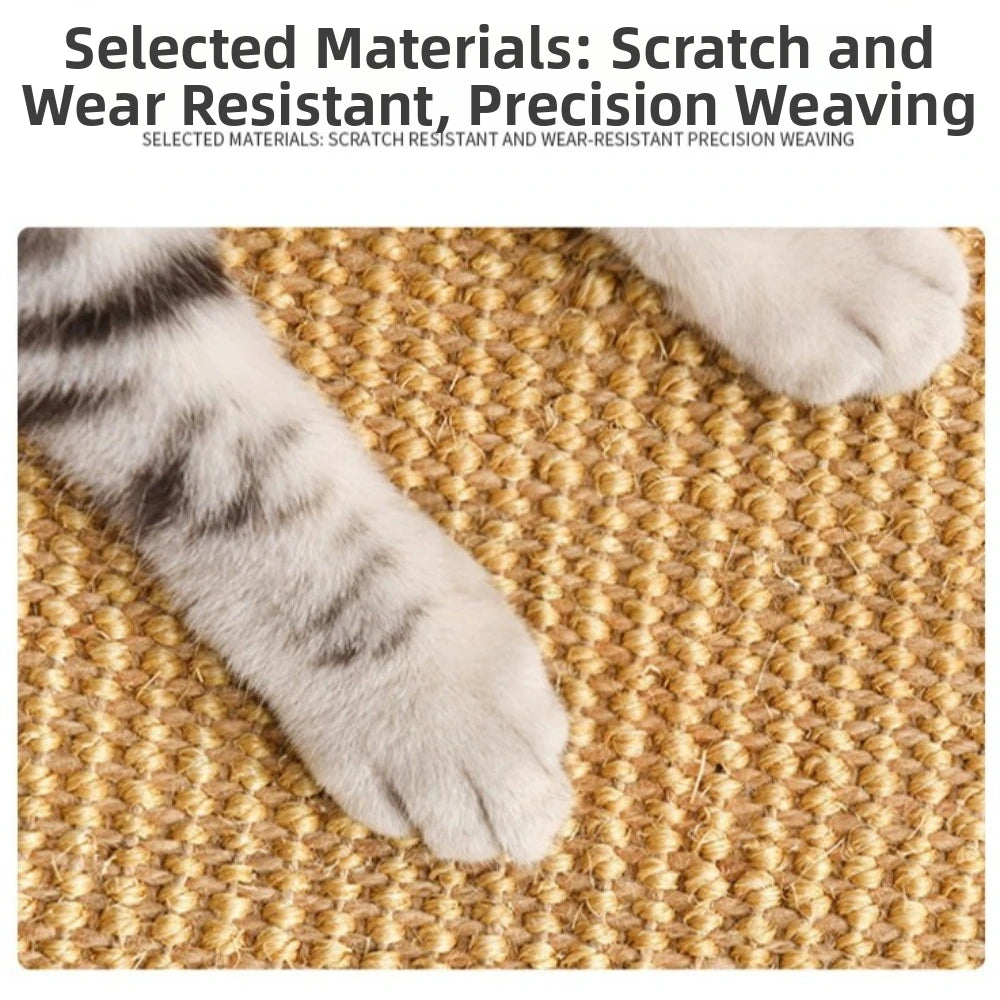 A white and gray cat paw is resting on a woven sisal scratching board.