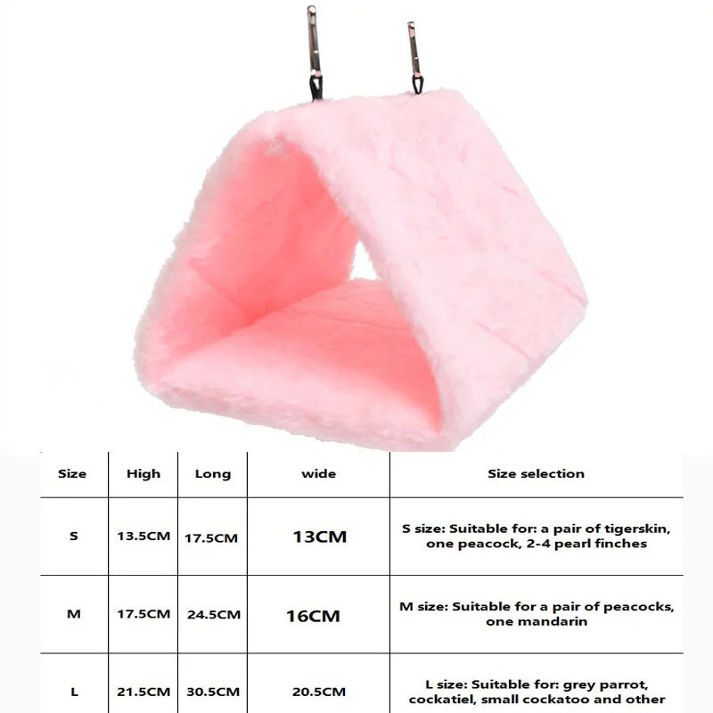 Pink plush hanging bird hammock bed with a cutout for a bird