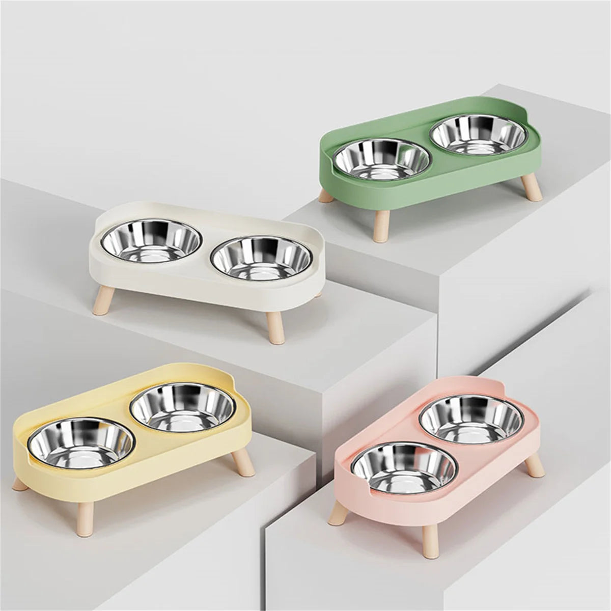 Colorful Double Dog Bowl Set with Stainless Steel and Plastic Base