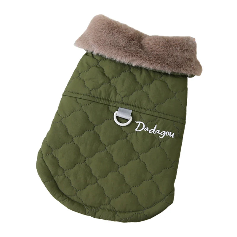 Veste pour chien vert olive avec un col en fourrure brune moelleuse
