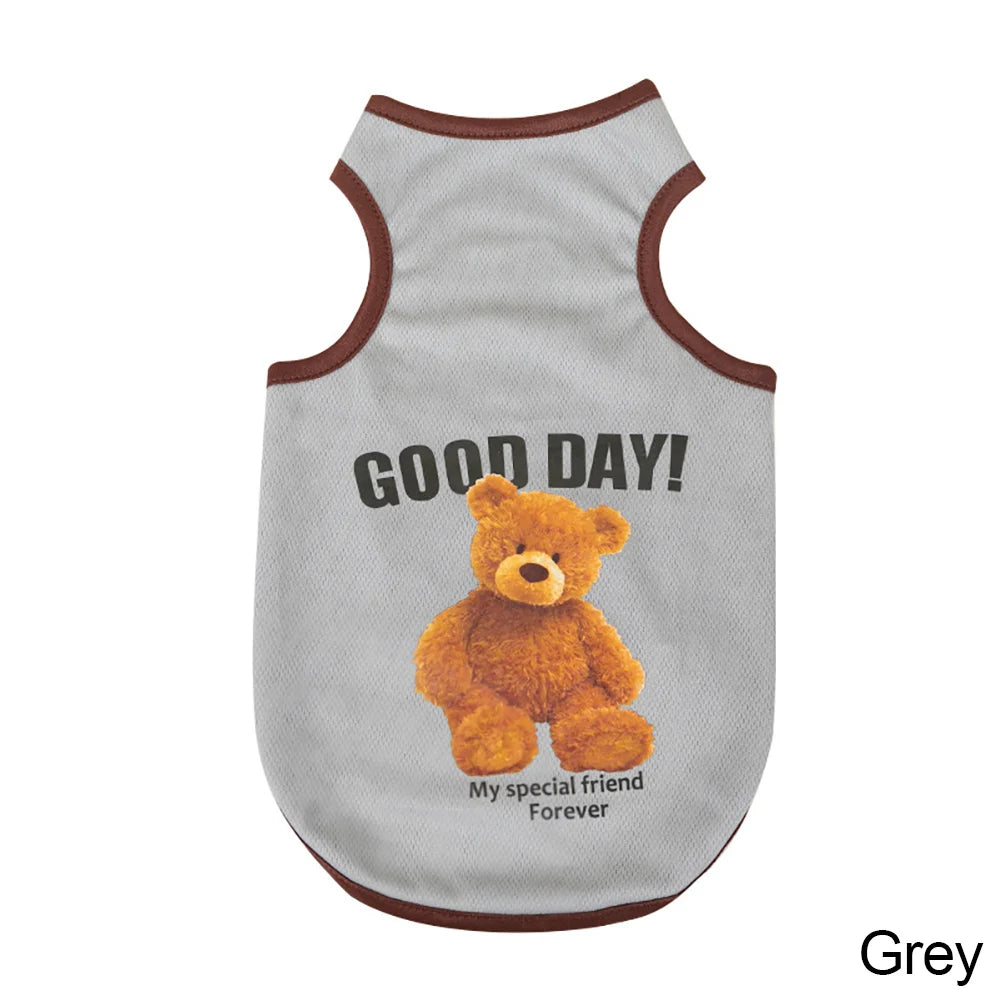 Grey pet vest with a cartoon bear print that says Good Day Forever