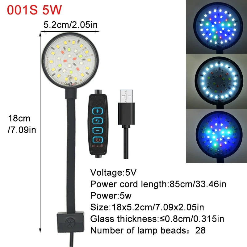 A black clip-on LED light fixture with 28 lamp beads and a USB connector for aquarium use.