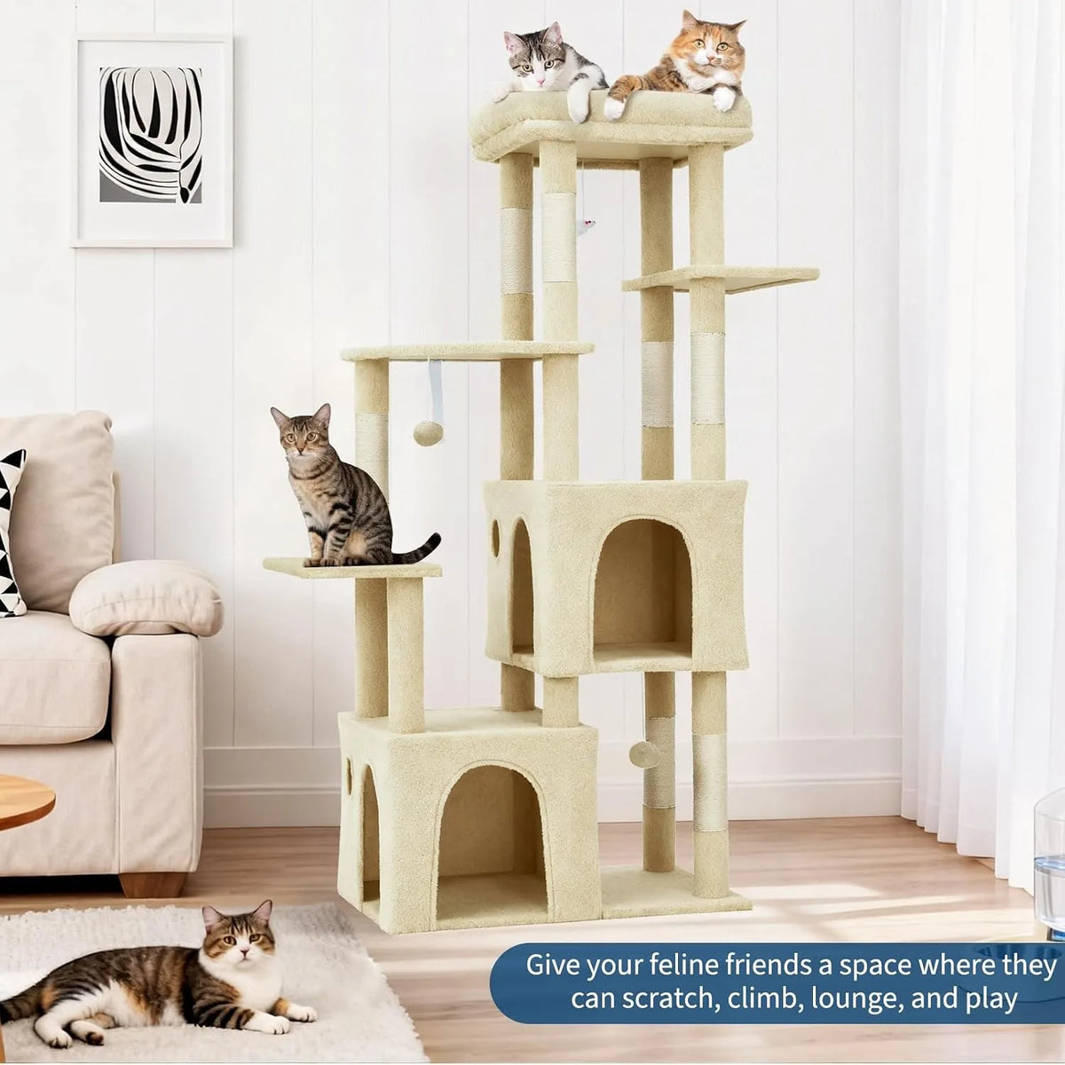 A light beige cat tree tower with multiple levels, scratching posts, and cozy condos for cats.