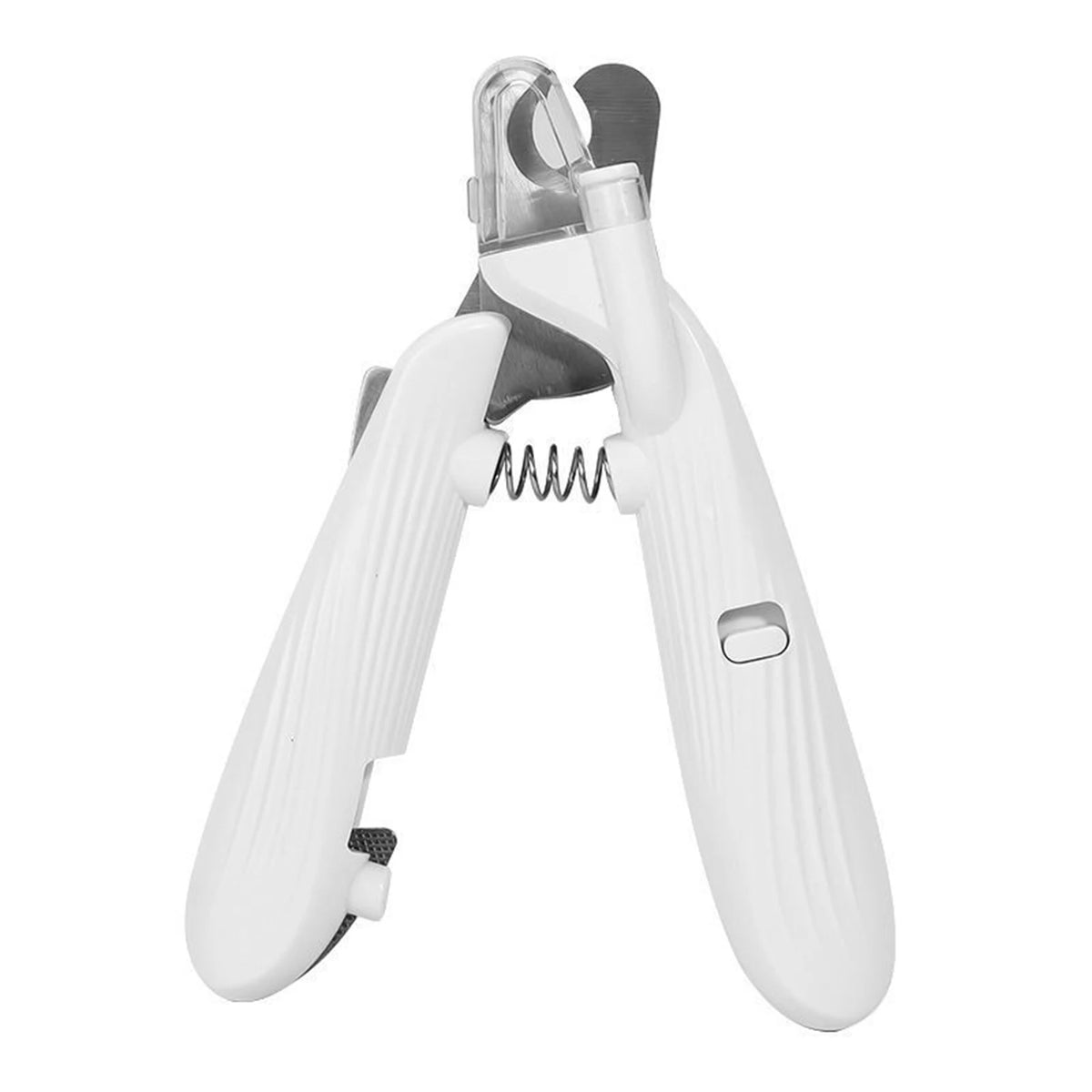 A white pet nail clipper with a safety guard and LED light feature.