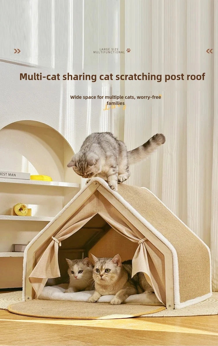 A light beige wooden cat scratching post roof with a semi-enclosed nest for multiple cats.
