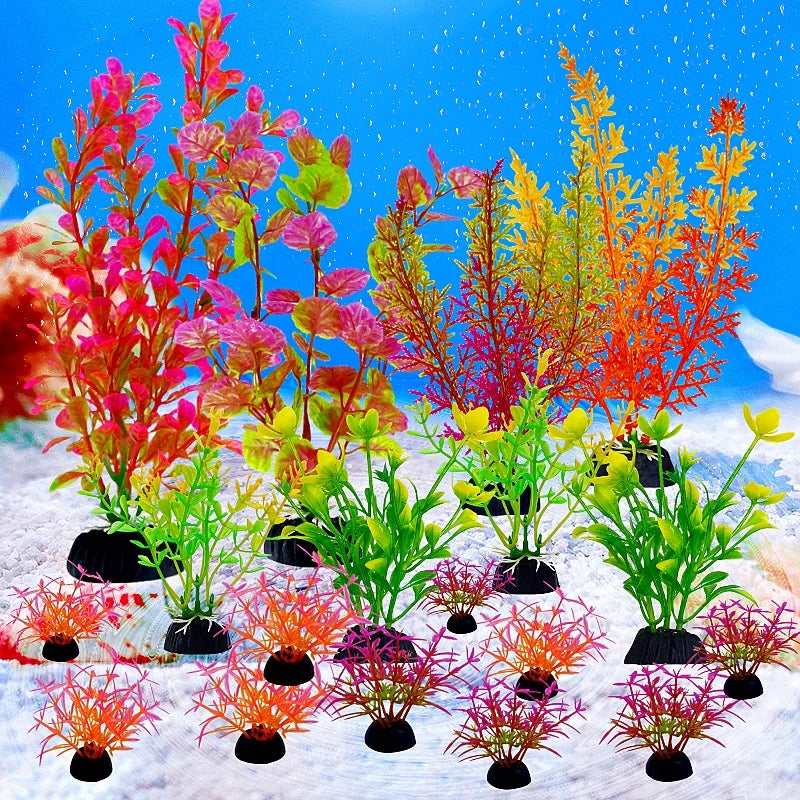 A vibrant set of 18 artificial aquarium plants in various bright colors like pink, red, yellow, and orange displayed on a whi