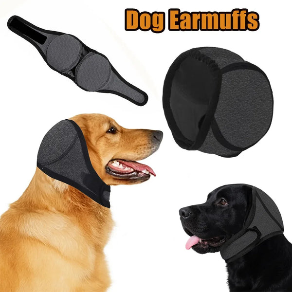Black dog earmuffs shown with a dog wearing one and an unused pair.