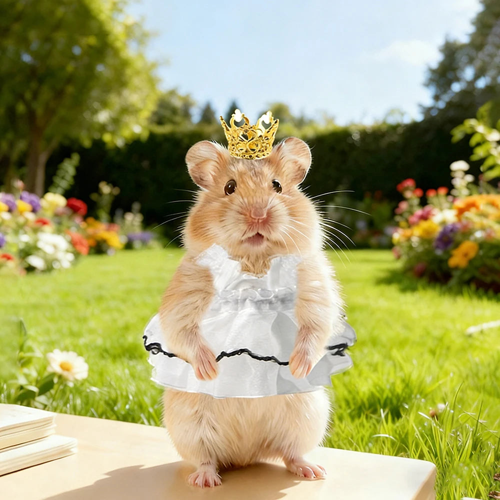 Ein flauschiger brauner Hamster in einem weißen Kleid und einer goldenen Krone in einem sonnigen Garten.