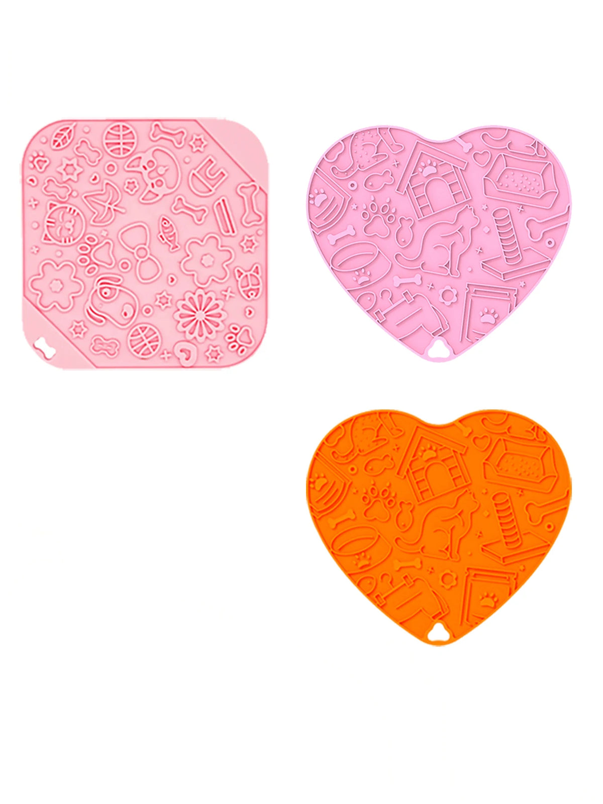 Pink and orange silicone interactive dog lick mats with various shapes for calming slow feeding