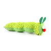 A bright green cat chew toy resembling a caterpillar with small green ears and a red nose.