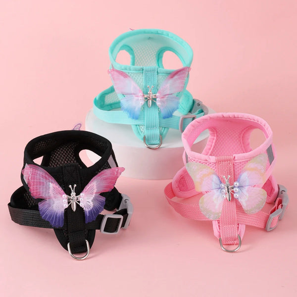 A set of pink and teal butterfly harnesses for pets, featuring iridescent wings.