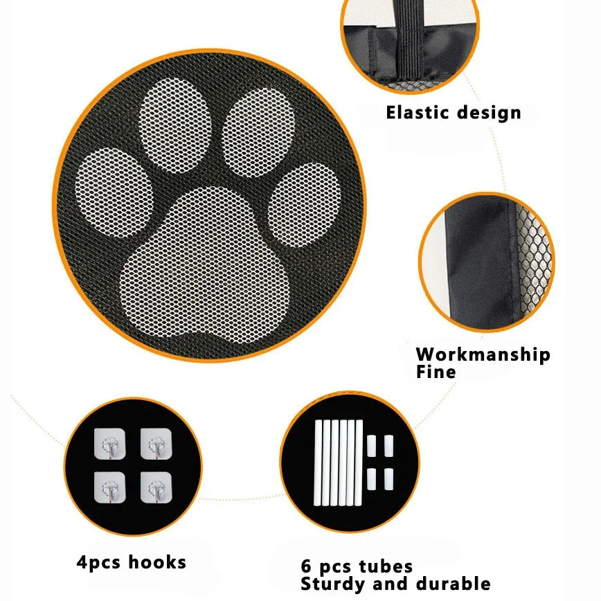 A black pet safety mesh gate featuring an elastic design, fine workmanship, 4 hooks, and 6 sturdy and durable tubes.