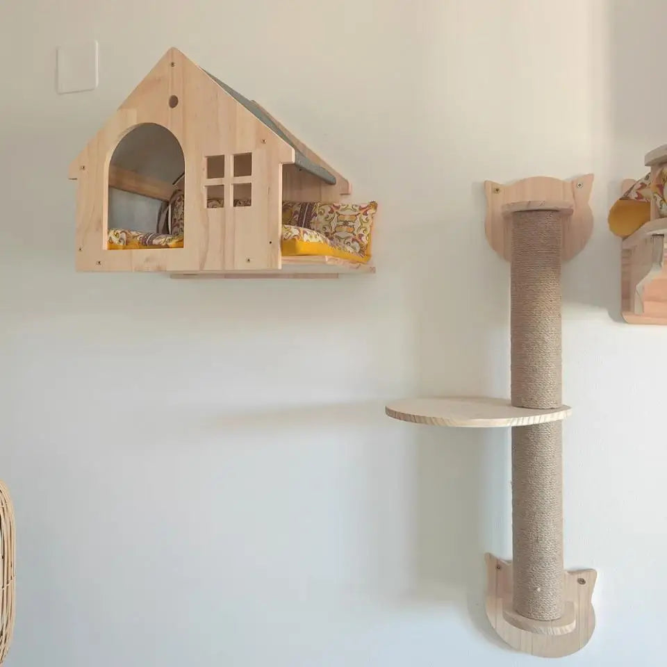 Wall-Mounted Cat Climbing Shelf Set with Hammock and Scratching Posts