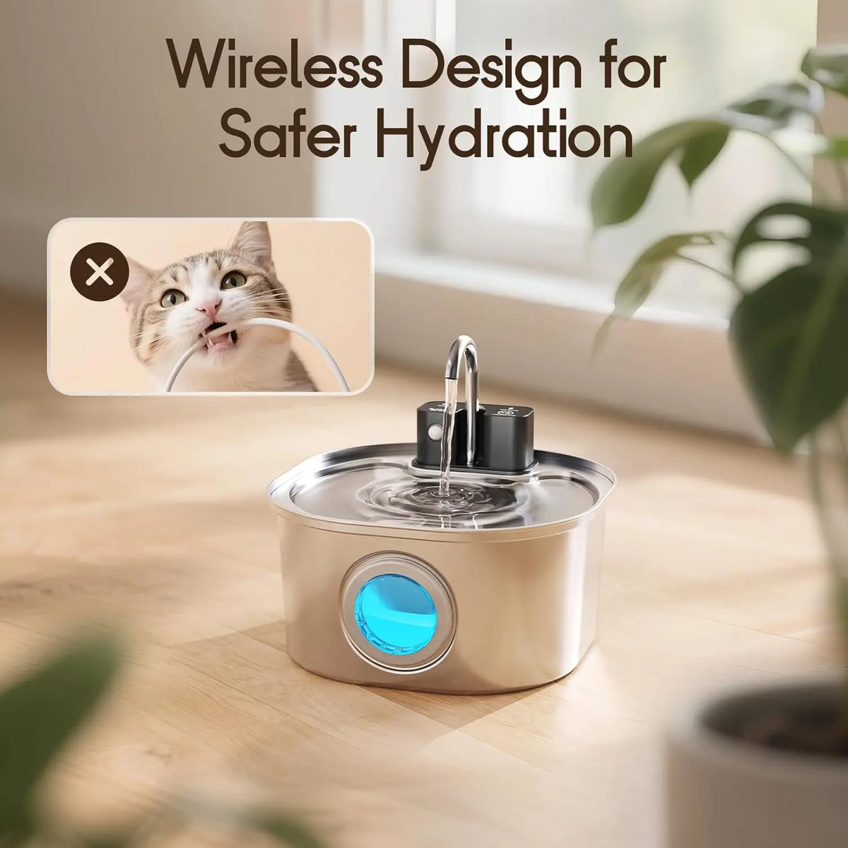 A stainless steel pet water fountain with a sensor flow is sitting on a wooden table.