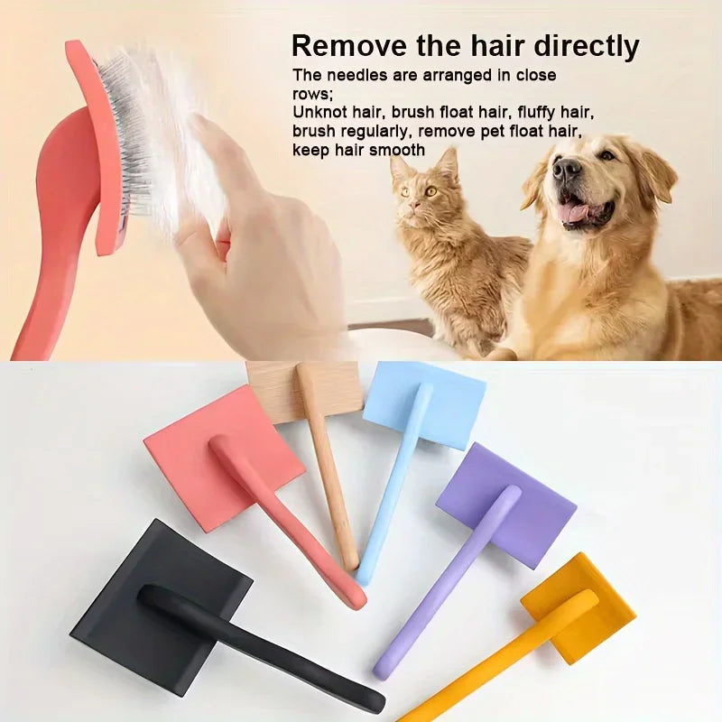 A collection of various colored metal pet grooming tools including slicker brushes and pin brushes.