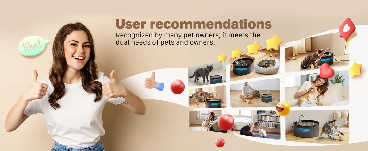 A woman smiles and gives a thumbs up next to various pet owners using an automatic pet water fountain.