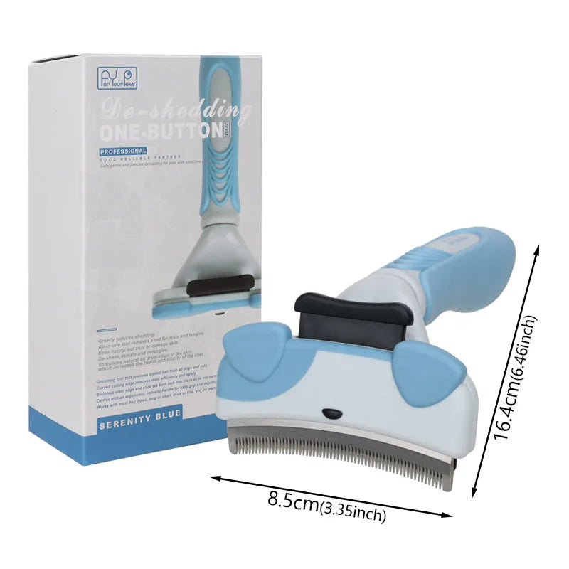 A light blue pet thinning comb for dogs and cats is shown next to its packaging box.