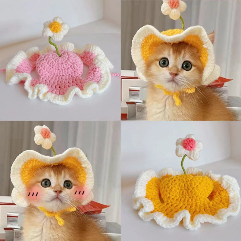 Cute Adjustable Cat Hat with Flowers for Cats and Small Dogs