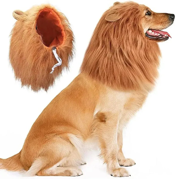 A realistic lion mane dog costume for a medium and large dog, featuring a fluffy orange-brown mane.