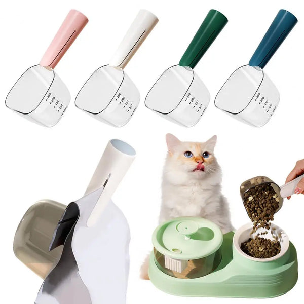 A set of two pet food measuring scoops, one for dry food and one for wet food, shown with a cat.