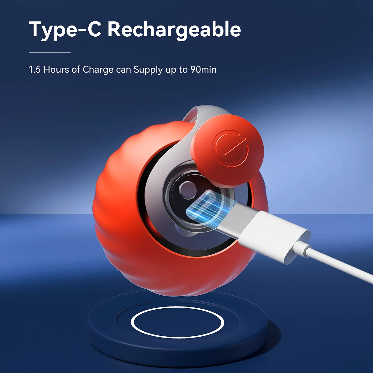 A red, spherical Type-C rechargeable cat toy ball is shown connected to a white charging cable on a blue surface.