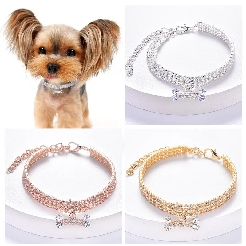 Crystal Rhinestone Dog Collar with Bone Pendant