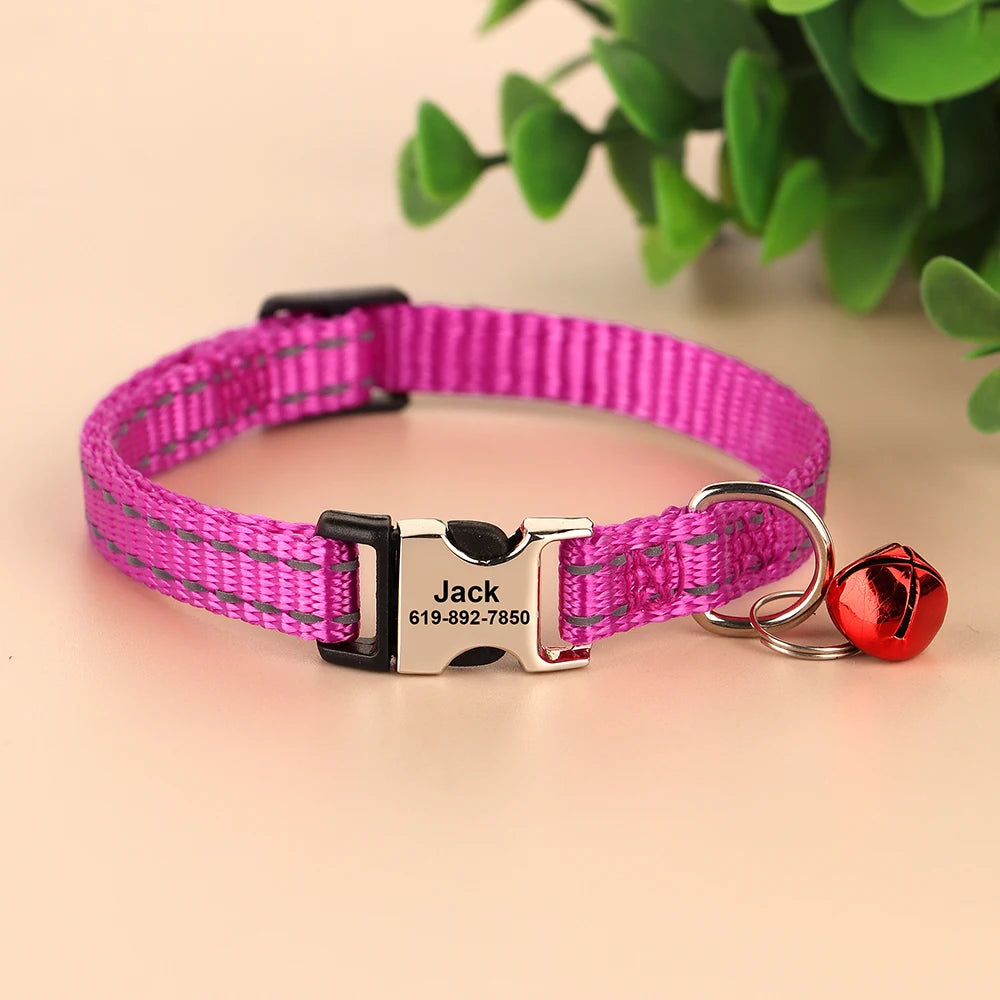 A bright pink reflective nylon cat collar with a black buckle, ID tag, and a small red bell is displayed on a light backgroun