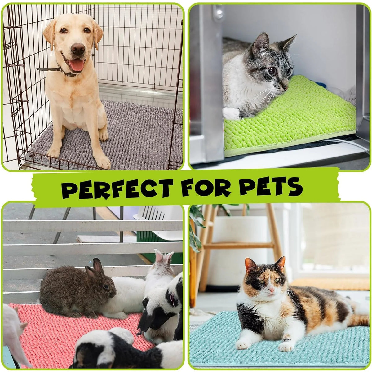 A set of four washable fleece cage liners for small pets, including a dog and cats.