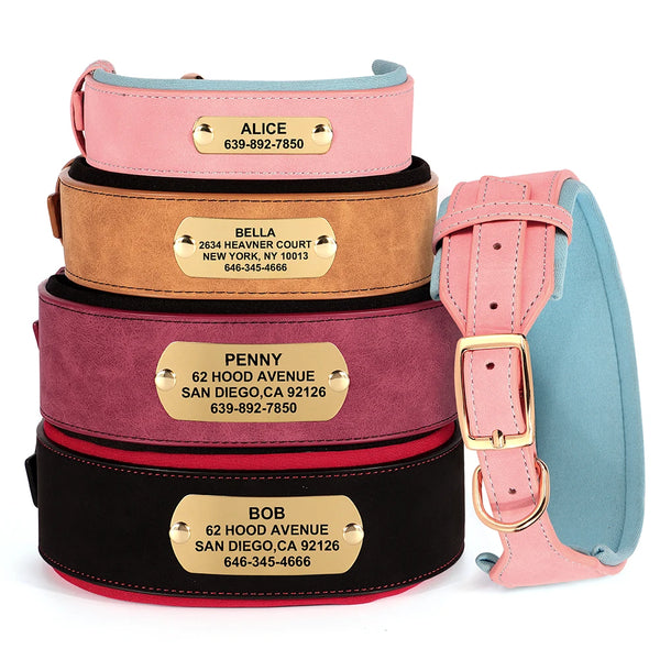 A stack of four personalized PU leather dog collars in pink, brown, maroon, and black with gold name tags.