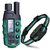 Collar de entrenamiento eléctrico gris oscuro con carcasa verde y correa negra.