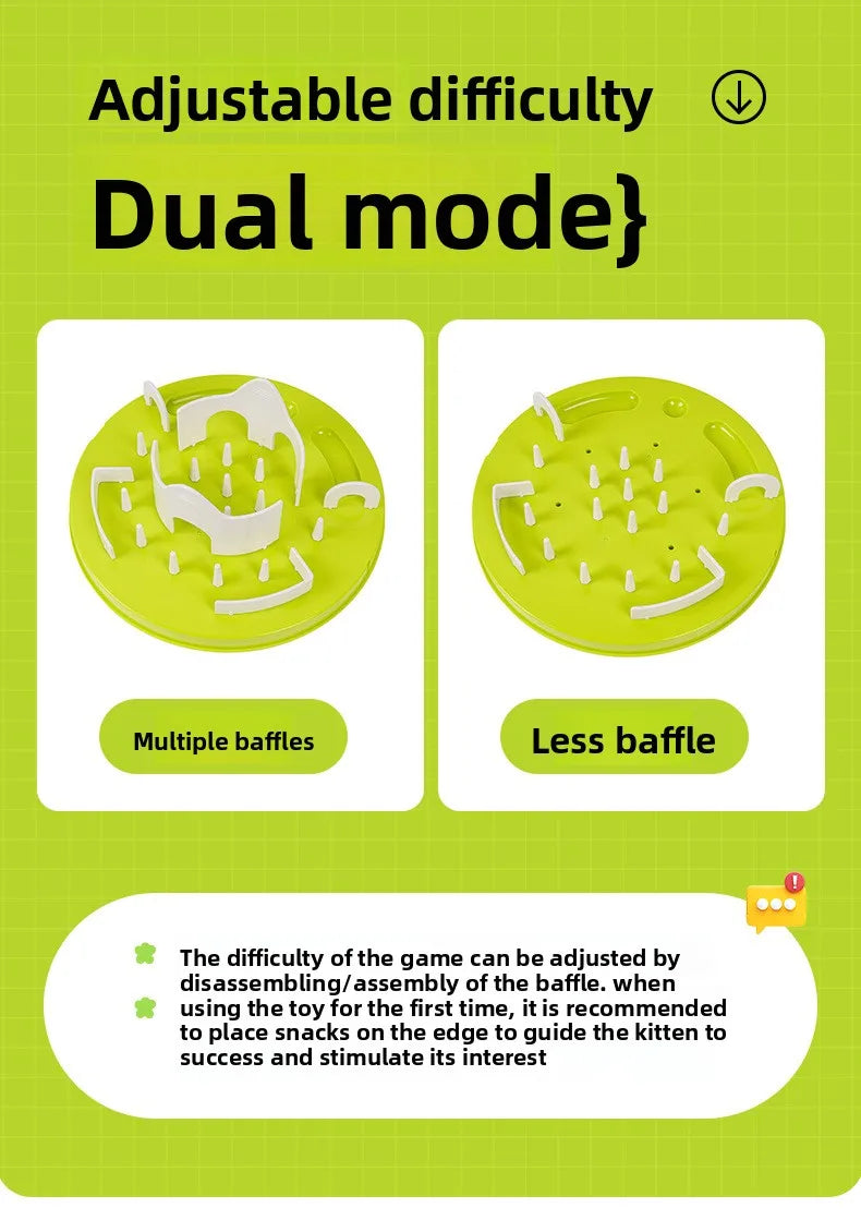 A bright lime green puzzle feeder bowl for pets with adjustable difficulty dual mode featuring multiple or less baffles.