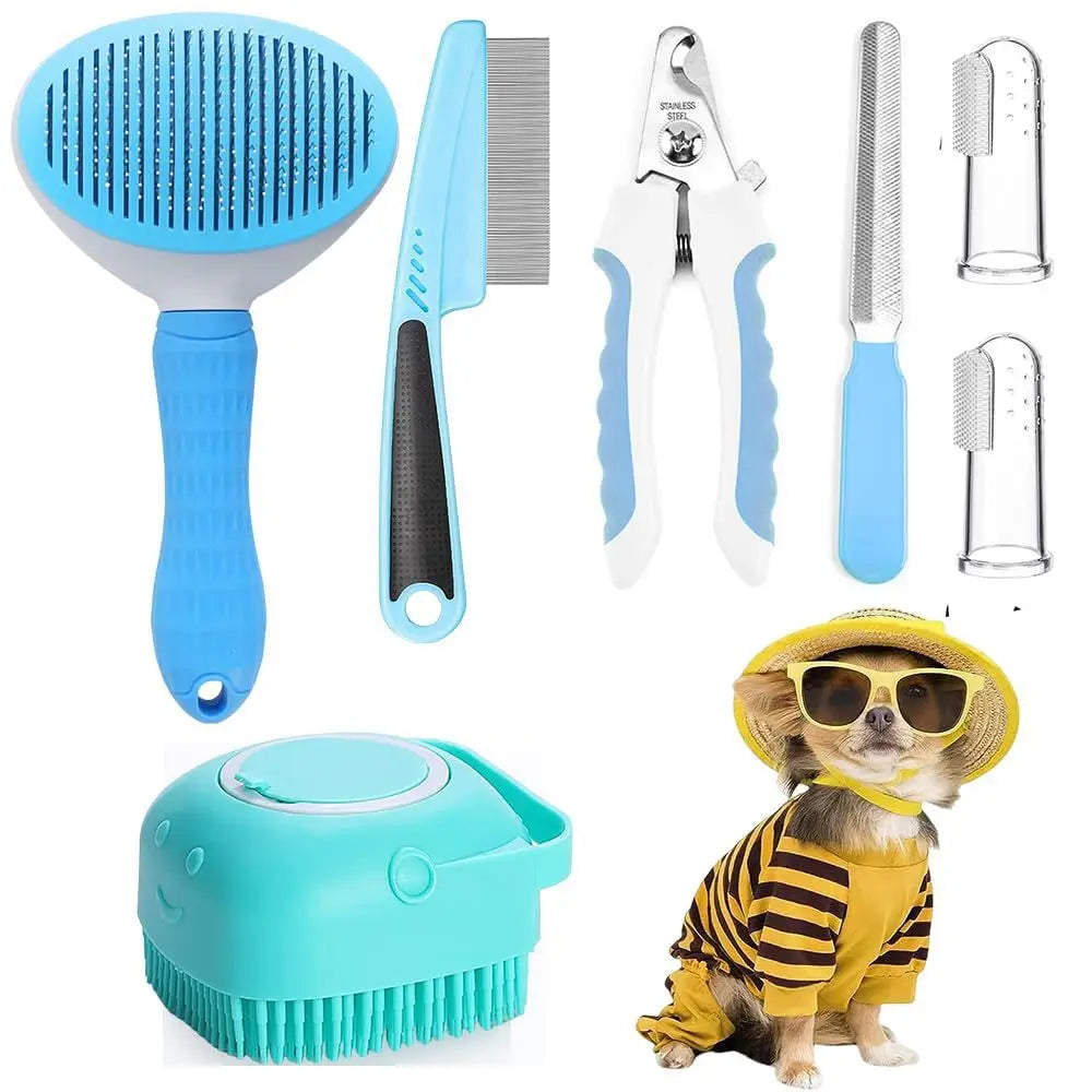 Tierpflege-Set mit blauem Bürsten, Kamm und Nagelscherer sowie einem türkisen Werkzeug und einem Hund
