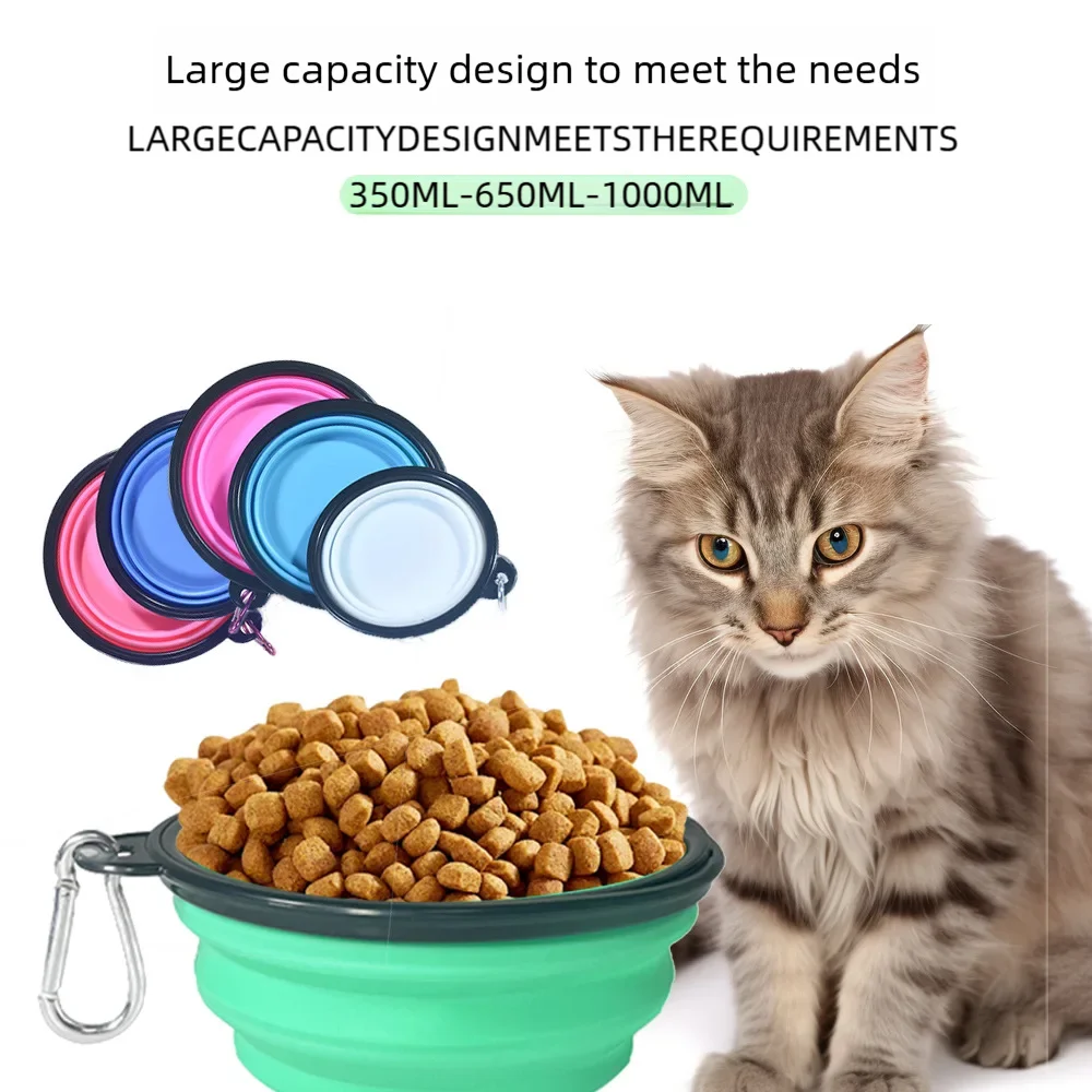 A fluffy gray cat sits next to a green silicone pet bowl filled with dry food, demonstrating the large capacity design.