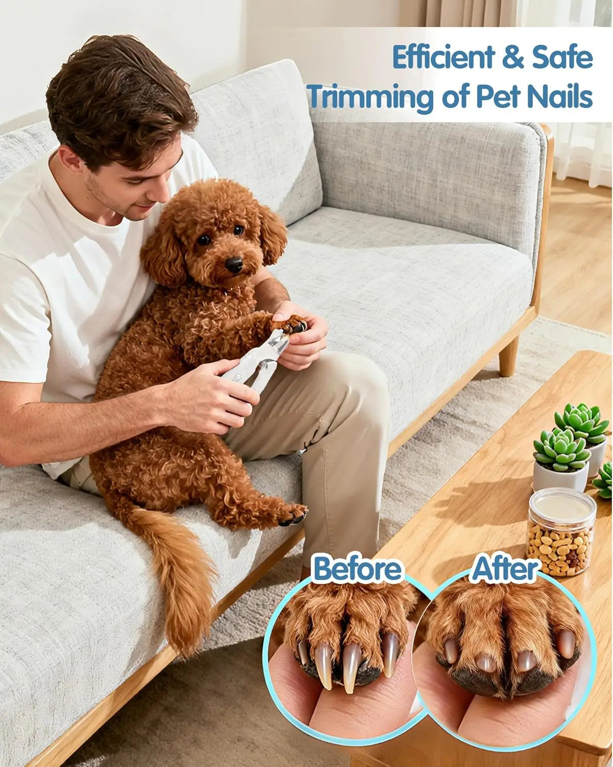 Mann verwendet eine 2-in-1 elektrische Nagelschere und -hobel, um Hunde-Krallen zu trimmen, mit Vorher-Nachher-Ergebnissen.