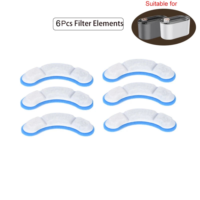 Sechs weiße Filterelemente mit blauen Rändern und zwei Metallbehälter für Tier-Wasserfontänenfilter