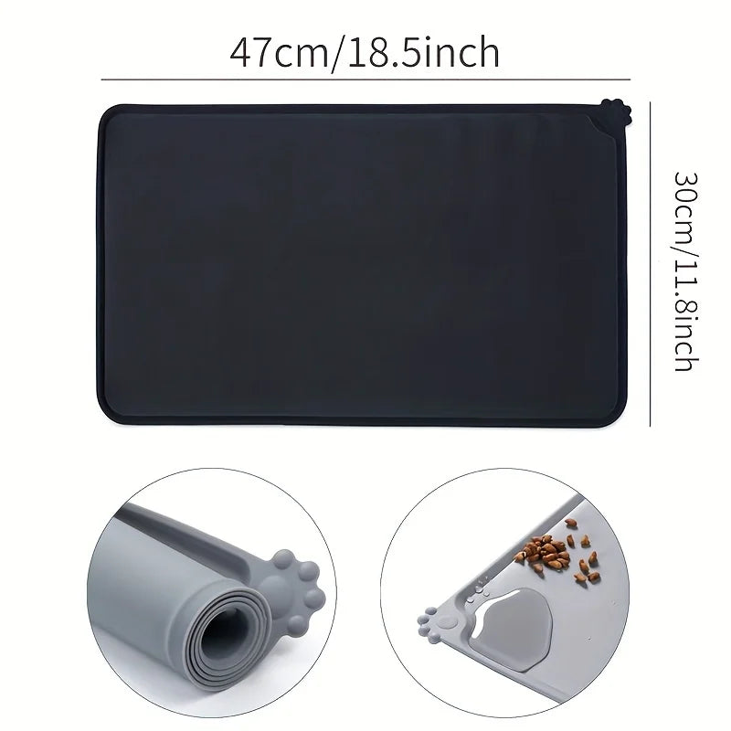 Black silicone pet feeding mat with raised edges shown in various angles