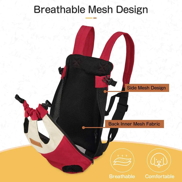 A red and black breathable mesh pet carrier backpack shown with labels highlighting its side and back inner mesh fabric.