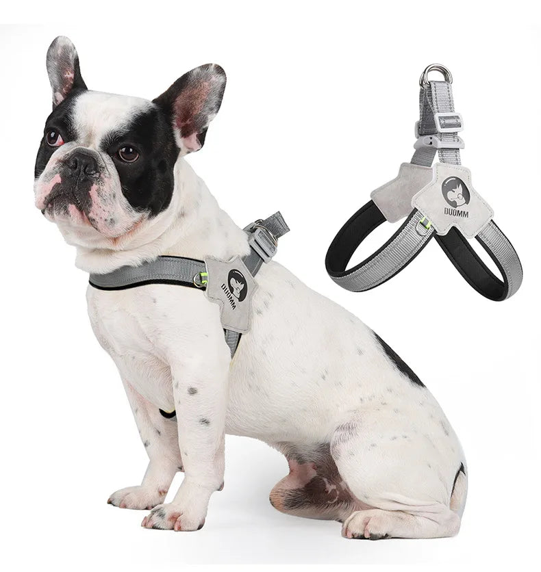 A white and black bully breed dog wearing a gray reflective mesh pet harness for walking.