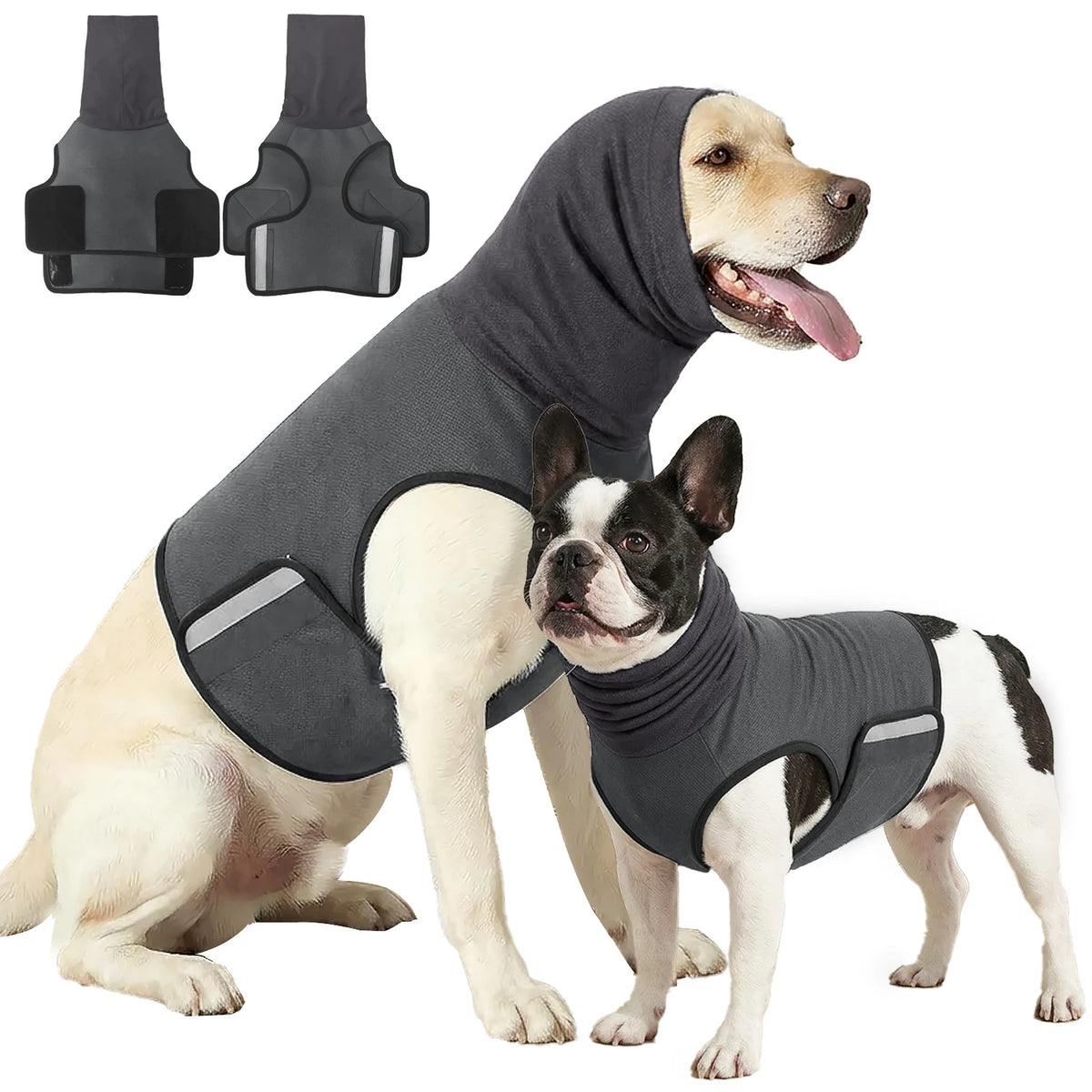 Ein helles Hundekleid mit einem grauen Beruhigungs-Anxiety-West, zwei Westen separat gezeigt.