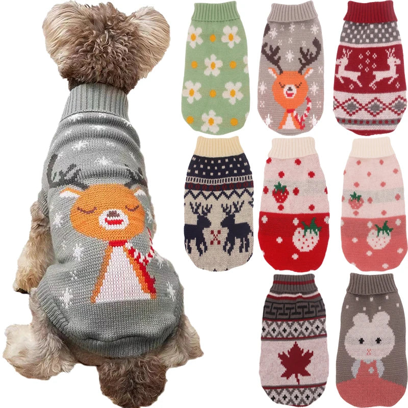 Festive knitted dog sweater featuring deer, bear, and holiday patterns for a small dog.