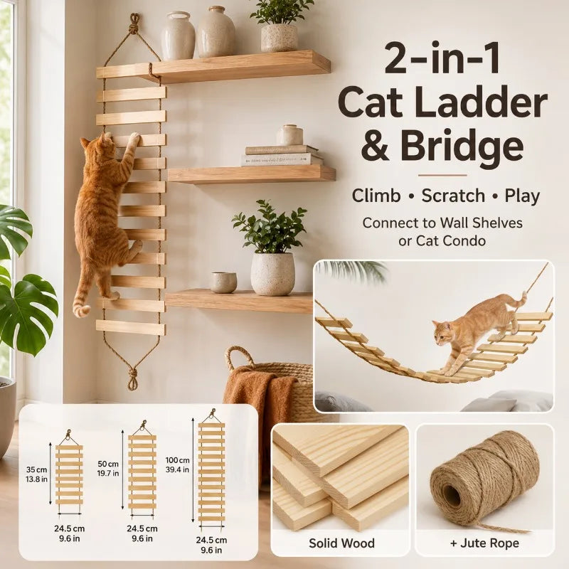 A 2-in-1 cat ladder and bridge made of solid wood and jute rope for climbing and scratching on wall shelves or a cat condo.