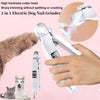 Eine Hand bedient eine 2-in-1 elektrische Hundekottner und Trimmer, mit dem Werkzeug und einem Hund sichtbar.