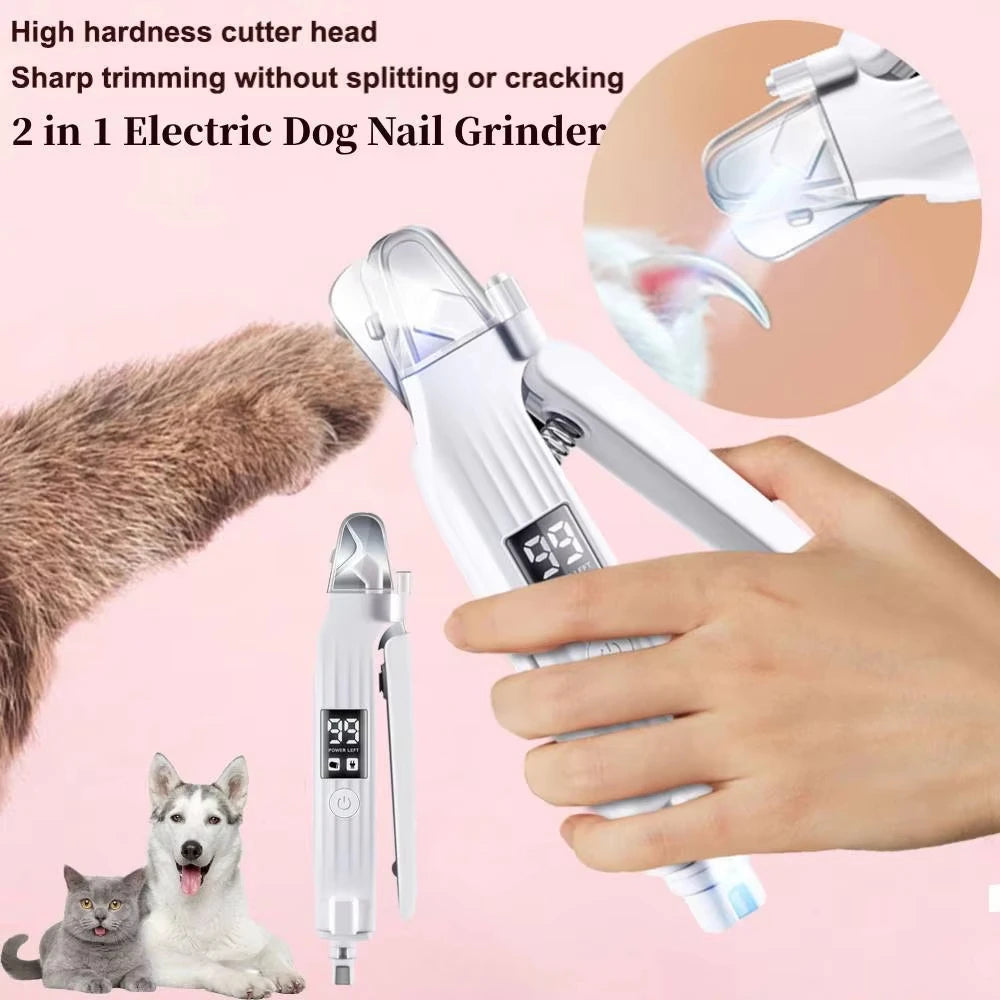 Eine Hand bedient eine 2-in-1 elektrische Hundekottner und Trimmer, mit dem Werkzeug und einem Hund sichtbar.