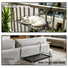 A black mesh hammock is shown hanging on a balcony railing and another version is displayed as a sofa chair and stool accesso