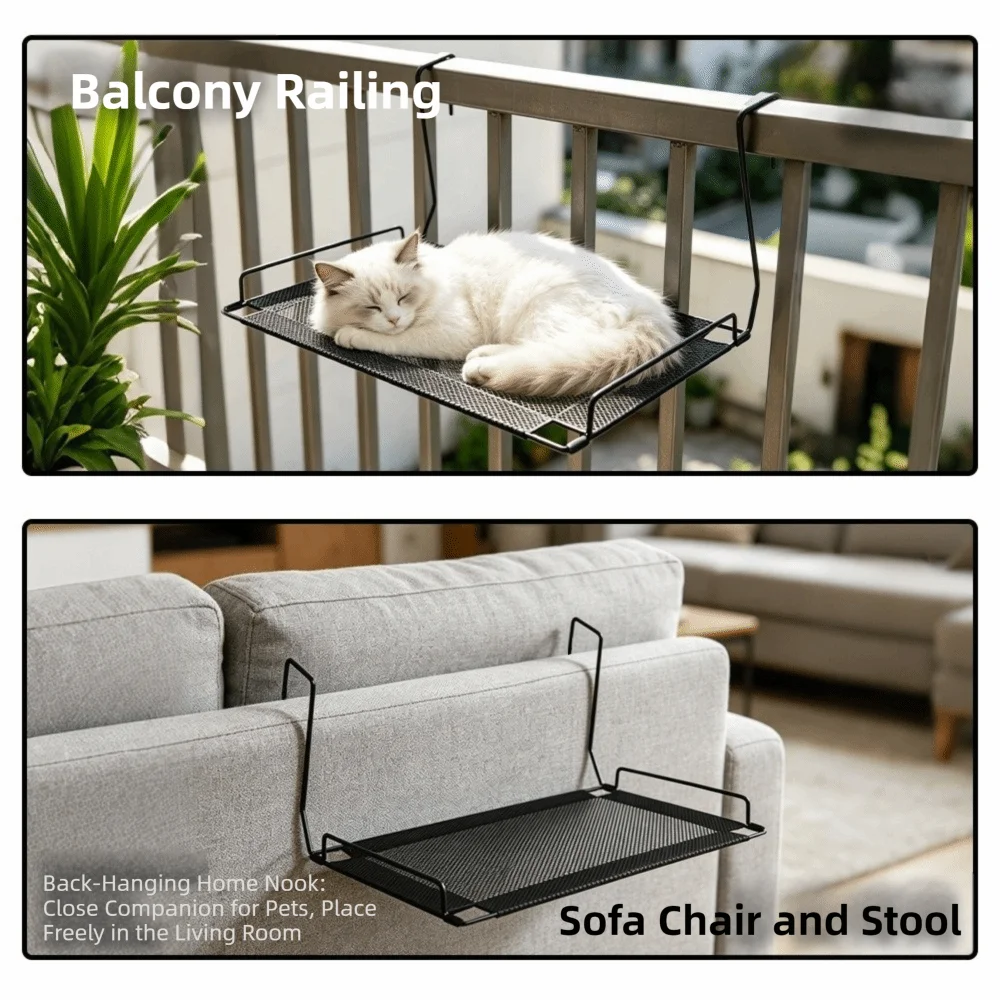 A black mesh hammock is shown hanging on a balcony railing and another version is displayed as a sofa chair and stool accesso