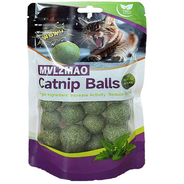 A package of catnip balls featuring a cat and green edible balls.