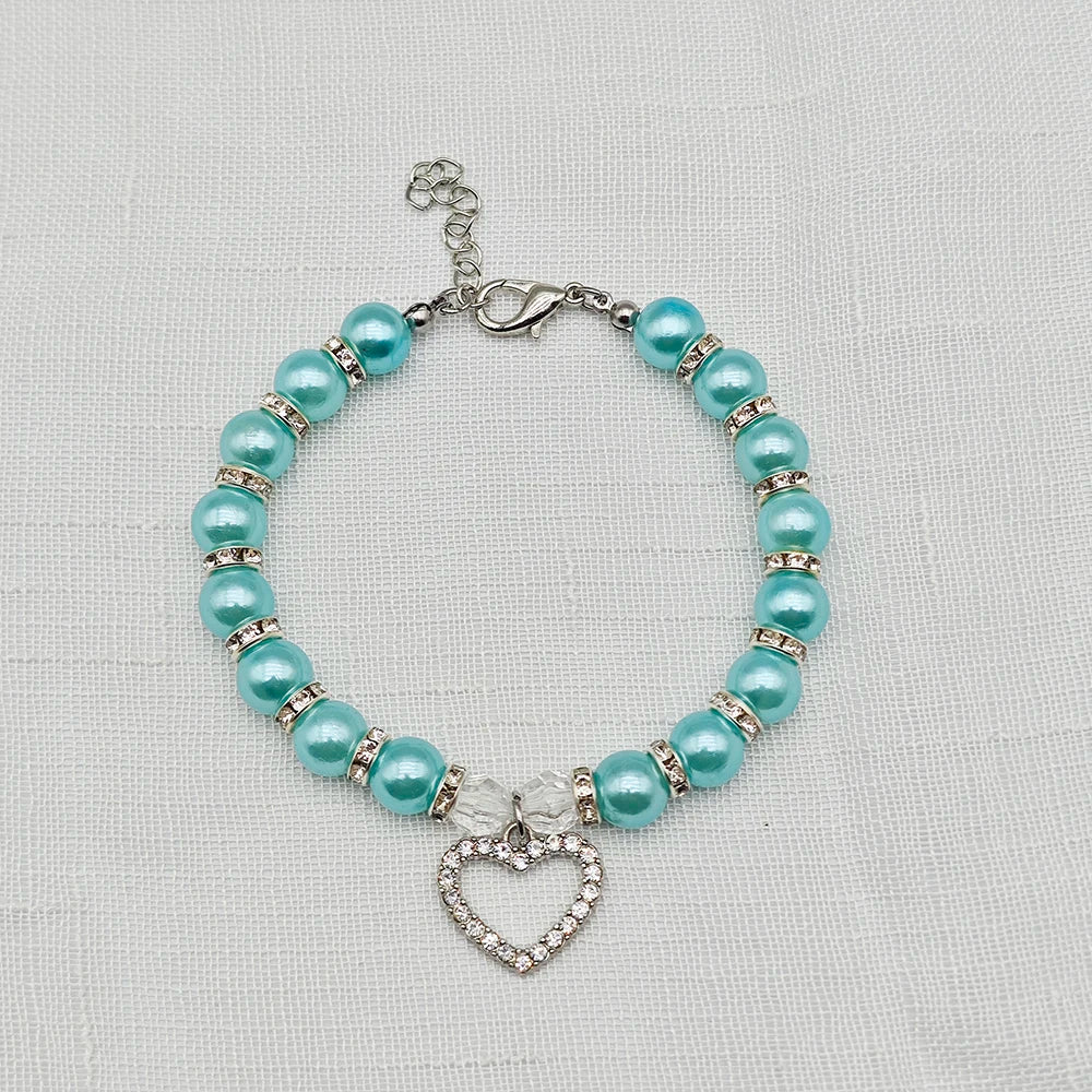 Pearl Pet Necklace with Heart-Shaped Rhinestone Pendant