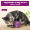 A gray cat is sniffing a jar of catnip while the text encourages conquering an arrogant cat.