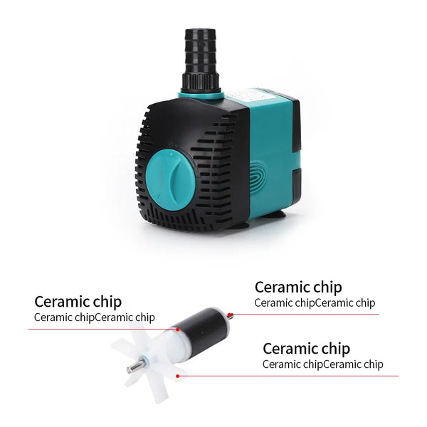 A teal and black submersible water pump with a ceramic chip is shown.